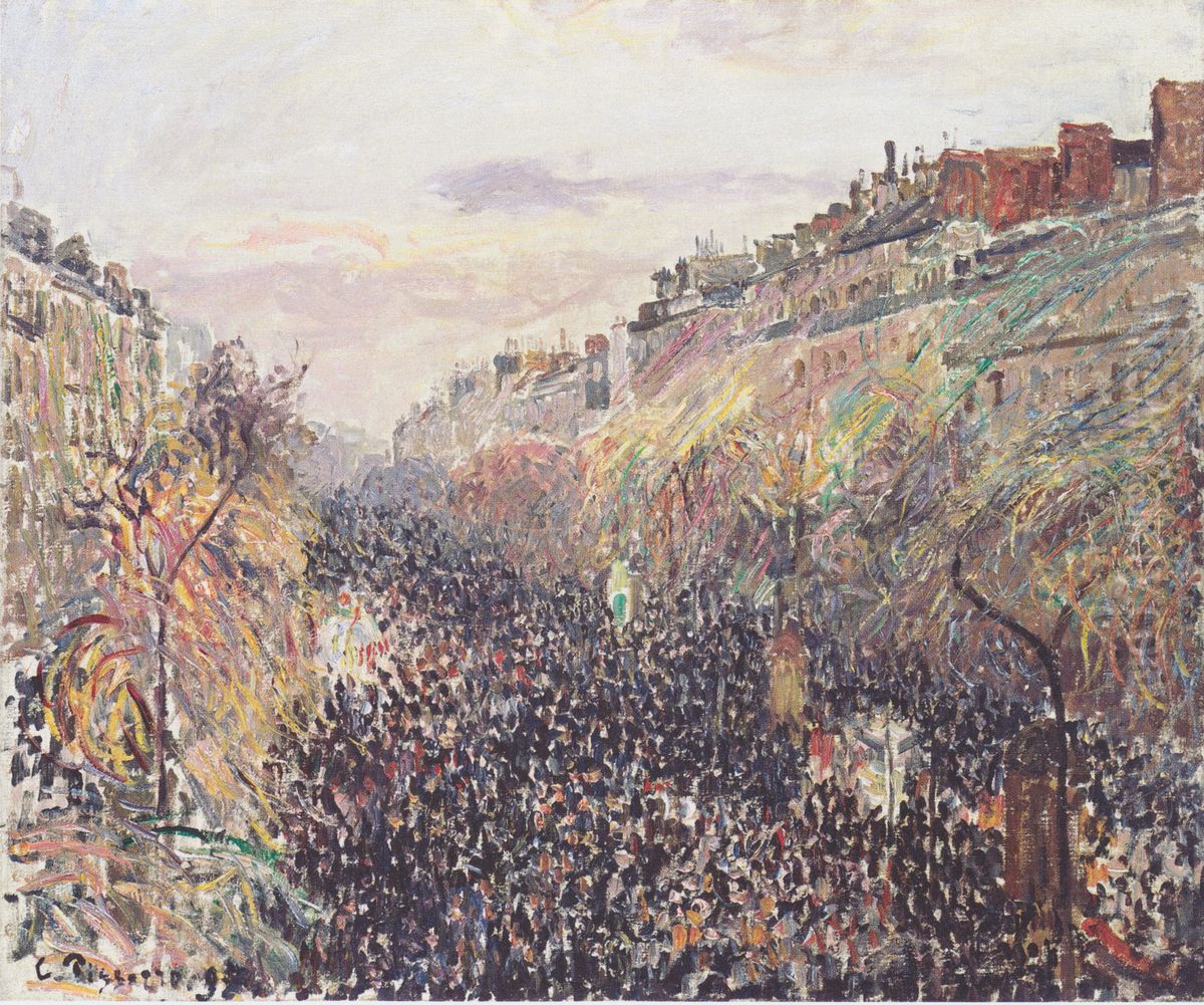 Boulevard Montmartre, Mardi Gras (fastelavns-tirsdag), solnedgang Oil Painting by Camille Pissarro