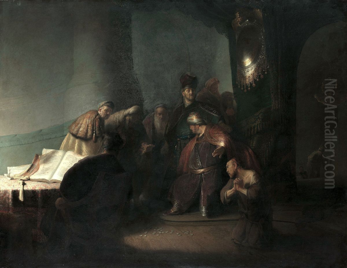 Judas brengt de zilverlingen terug (Mattheus 27:3-5) Oil Painting by Rembrandt