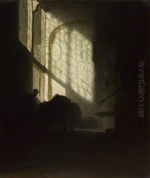 A Man seated reading at a Table in a Lofty Room Oil Painting by Rembrandt