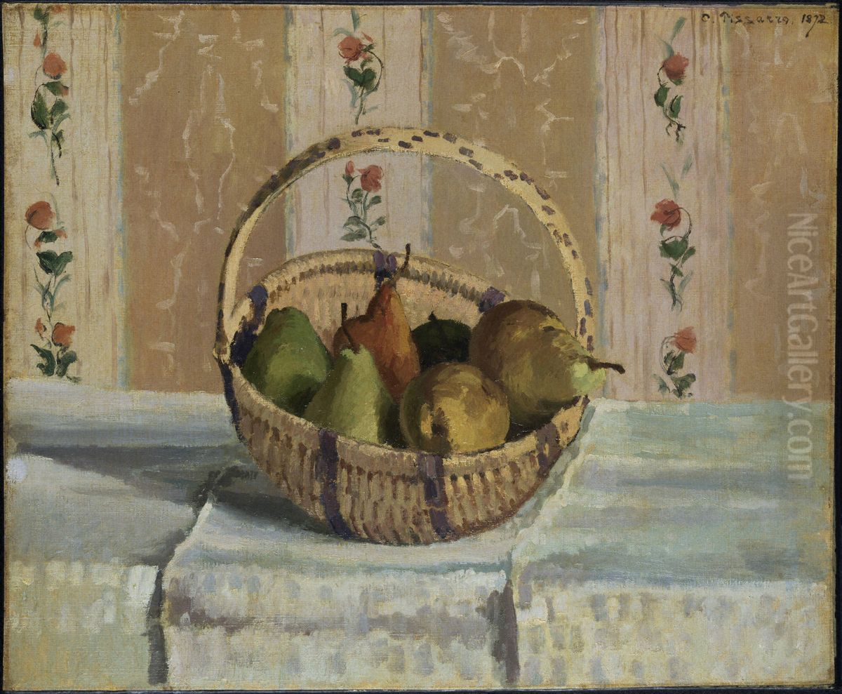 Apples and Pears in a Round Basket Oil Painting by Camille Pissarro