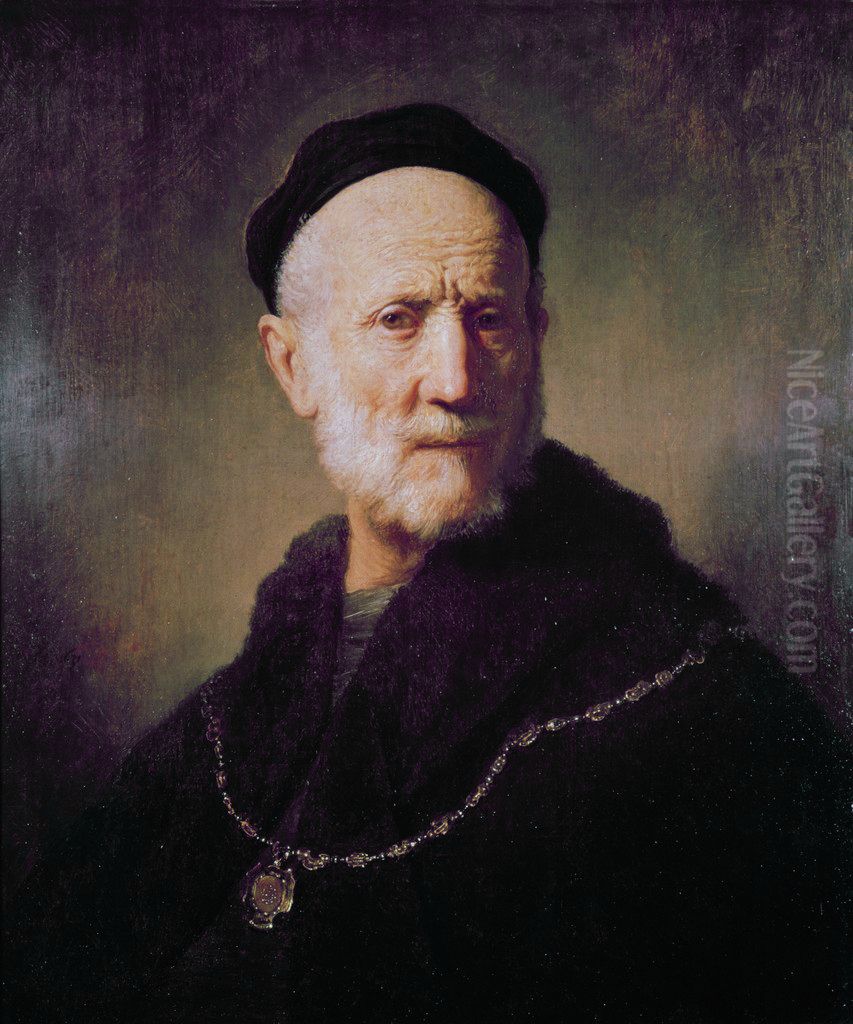 Bust of a man with a cap and golden chain Oil Painting by Rembrandt