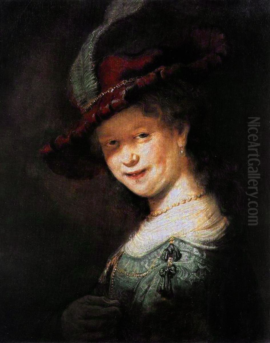 Bust of a Young Woman Smiling, possibly Saskia van Uylenburgh Oil Painting by Rembrandt