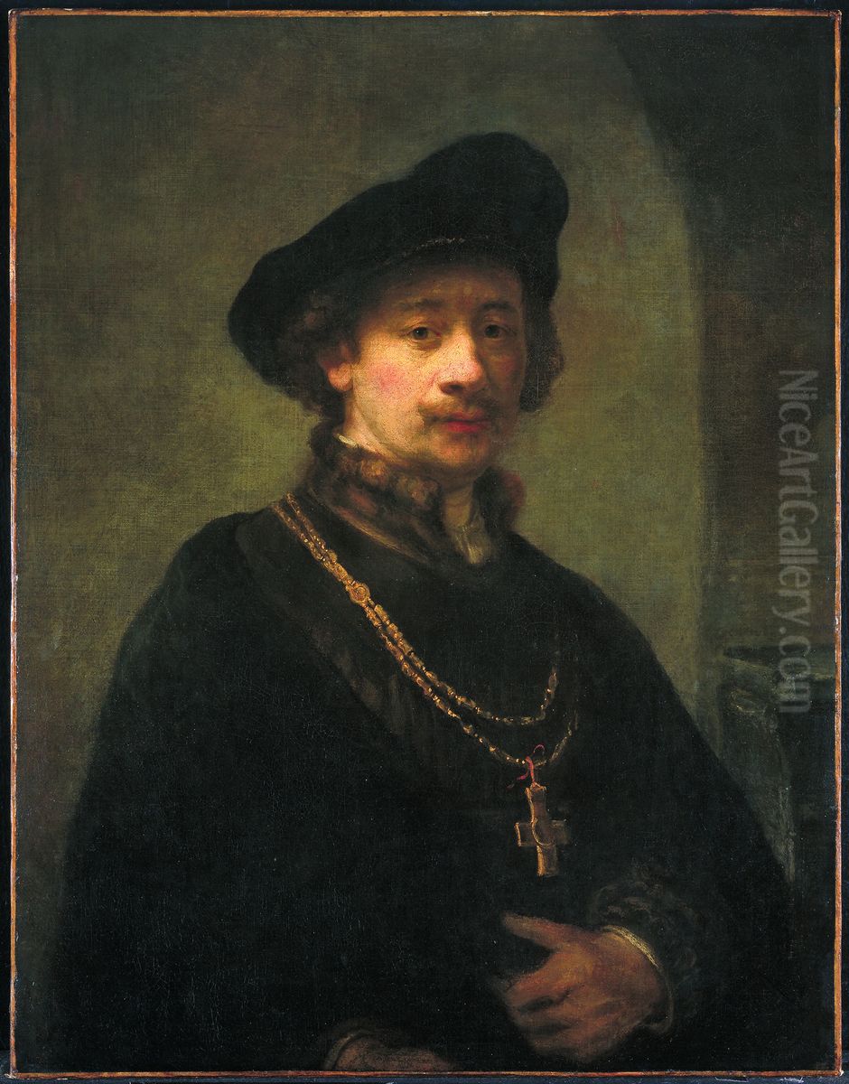 Self-portrait with beret, gold chain, and cross Oil Painting by Rembrandt
