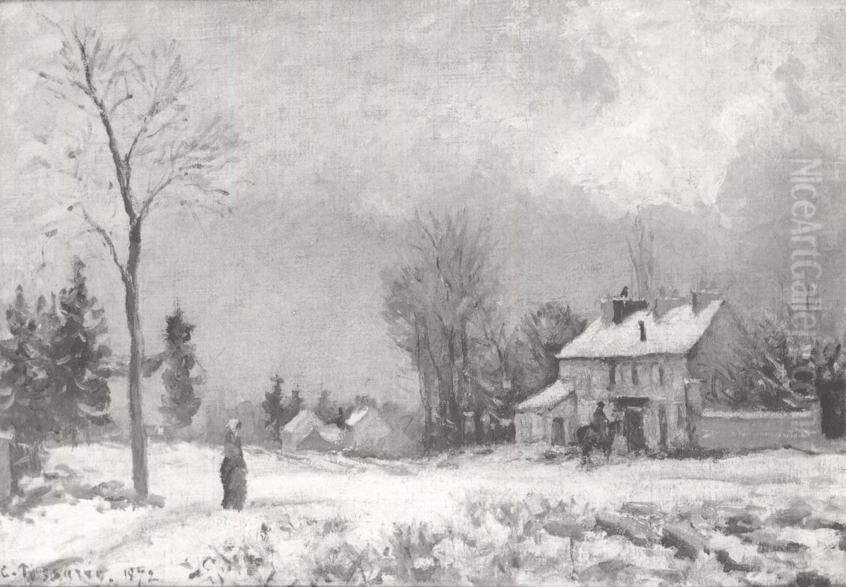 The Post-House, the Route de Versailles, Louveciennes, Snow Oil Painting by Camille Pissarro