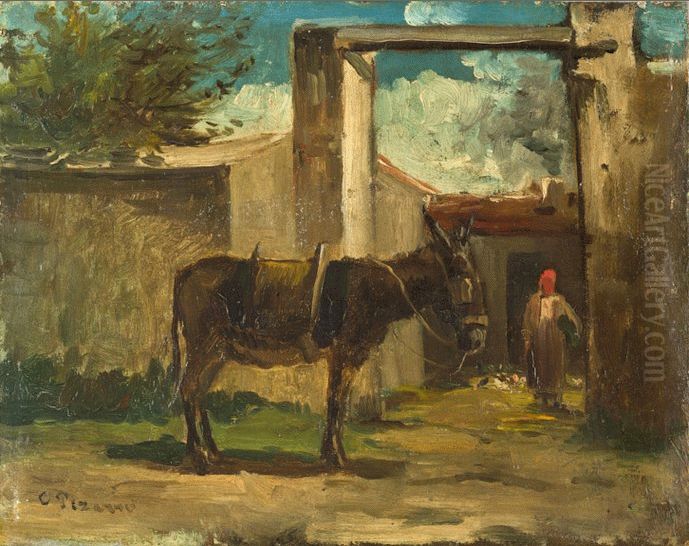 Donkey in Front of a Farm, Montmorency Oil Painting by Camille Pissarro