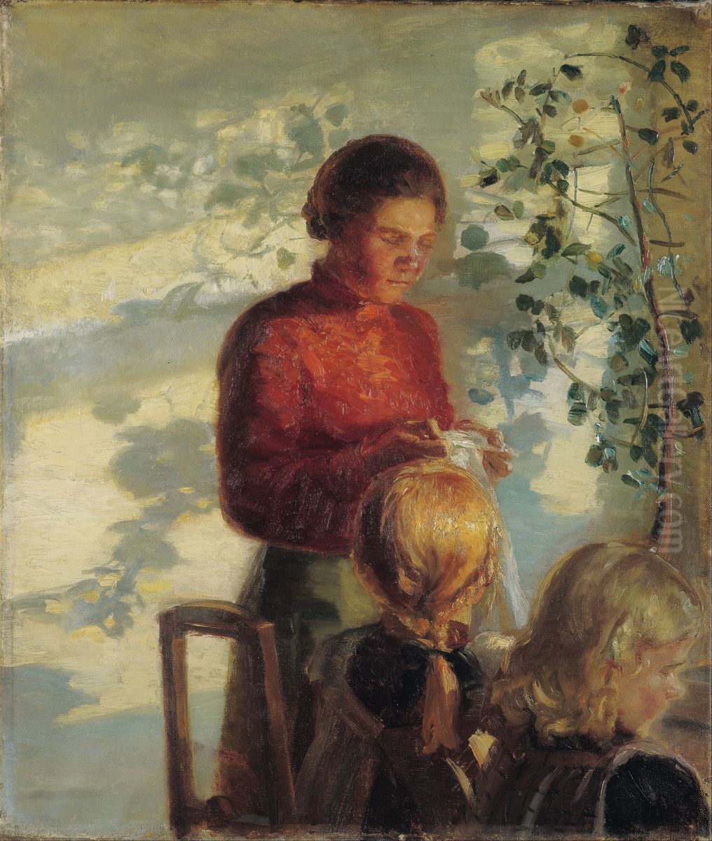 Two little girls being taught how to sew Oil Painting by Anna Ancher