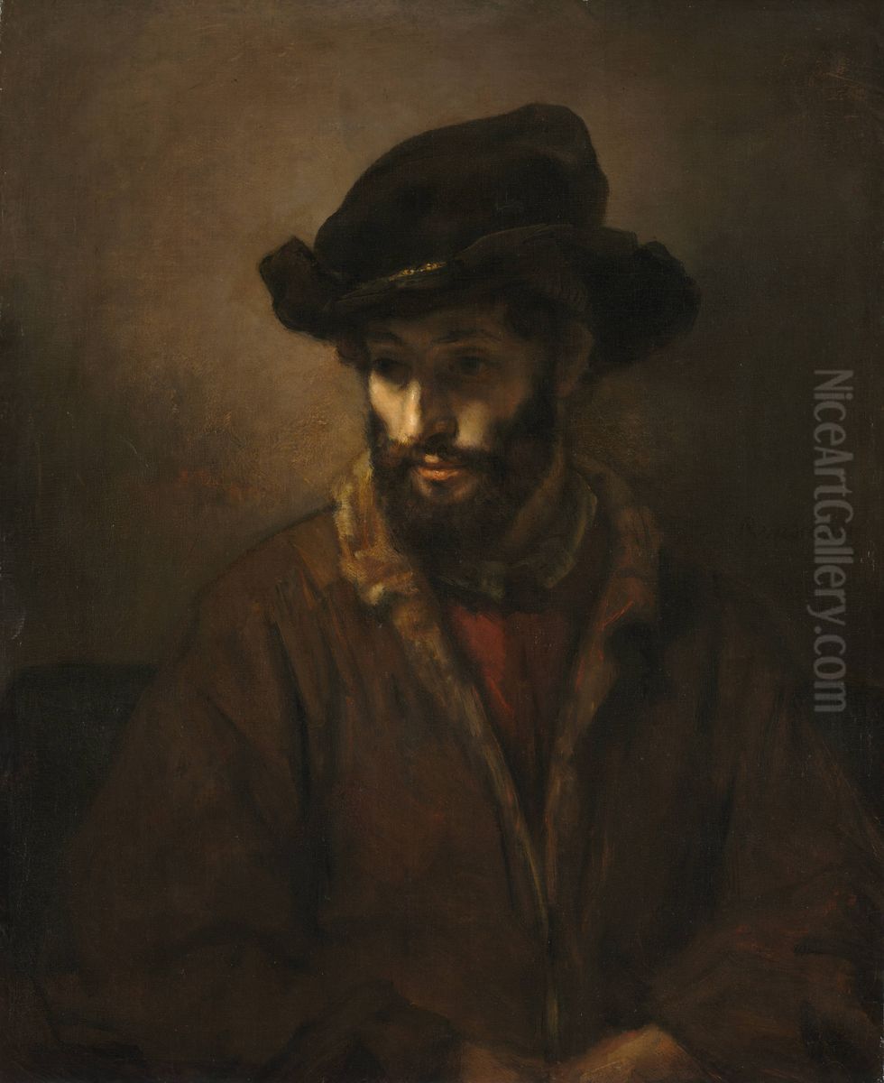 A Bearded Man Wearing a Hat Oil Painting by Rembrandt