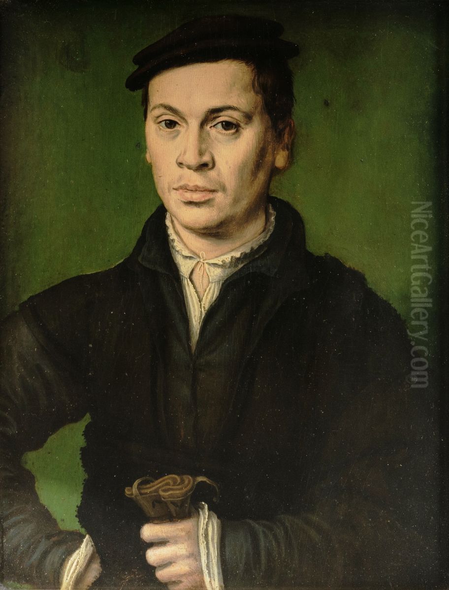 Man in black beret holding a pair of gloves Oil Painting by Corneille De Lyon