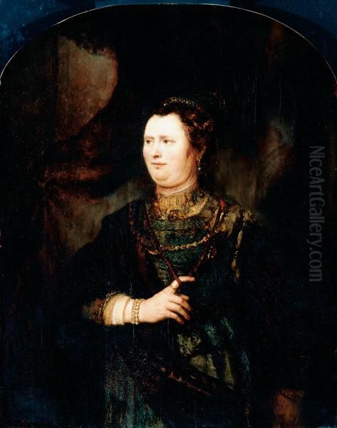 Portrait of a woman in military costume Oil Painting by Rembrandt