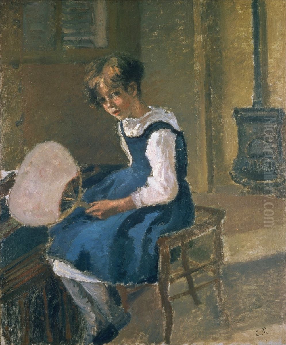 Jeanne holding a Fan Oil Painting by Camille Pissarro