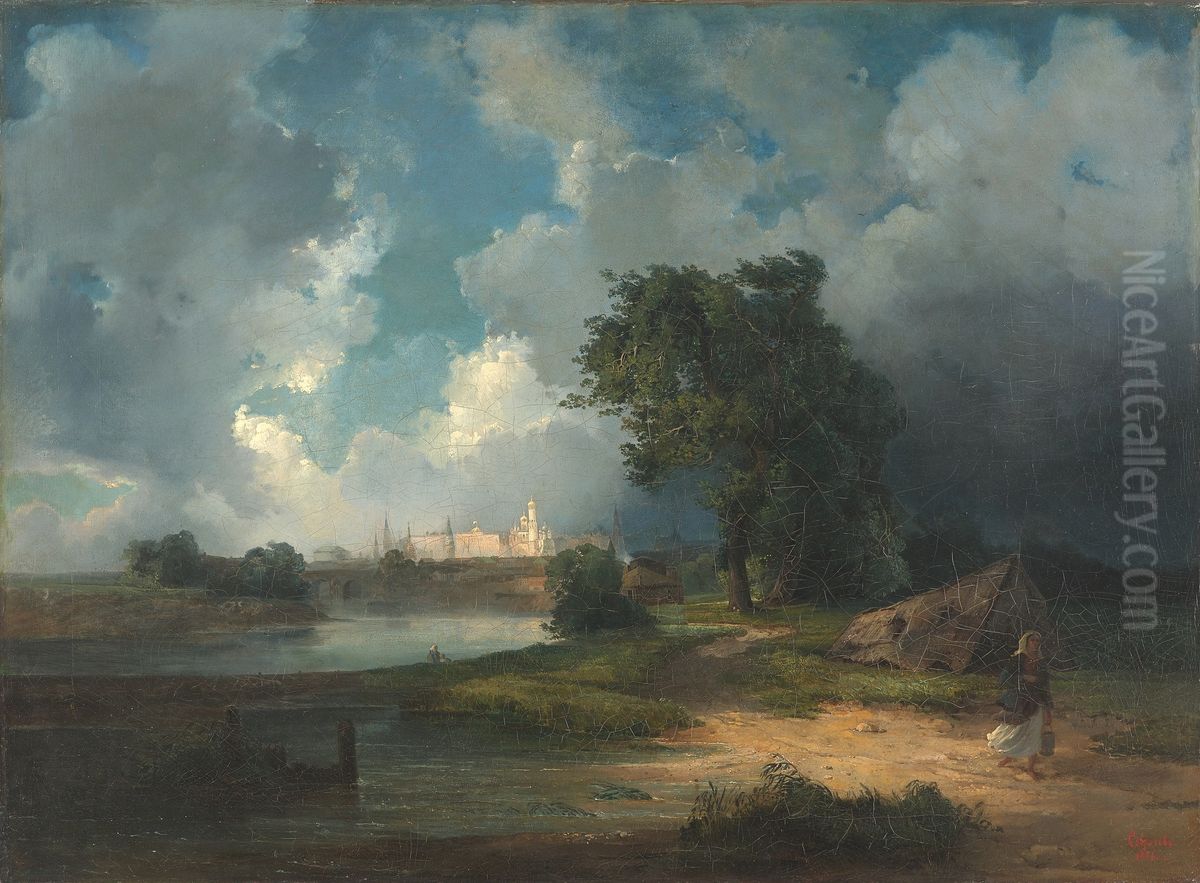 View of the Kremlin fromKrymsky Bridgein Inclement Weather Oil Painting by Alexei Kondratievich Savrasov