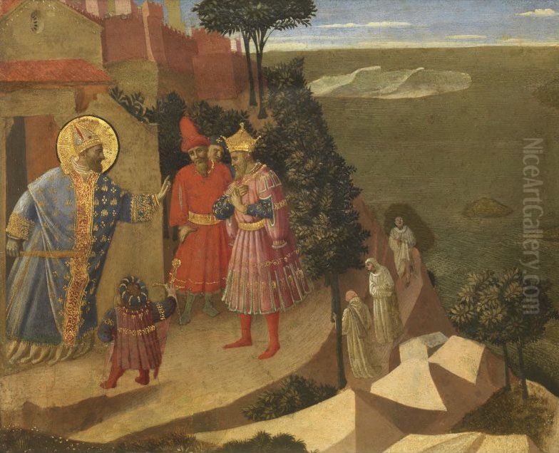 Heilige Romuald ontzegt keizer Otto III de toegang tot de kerk Oil Painting by Fra Angelico