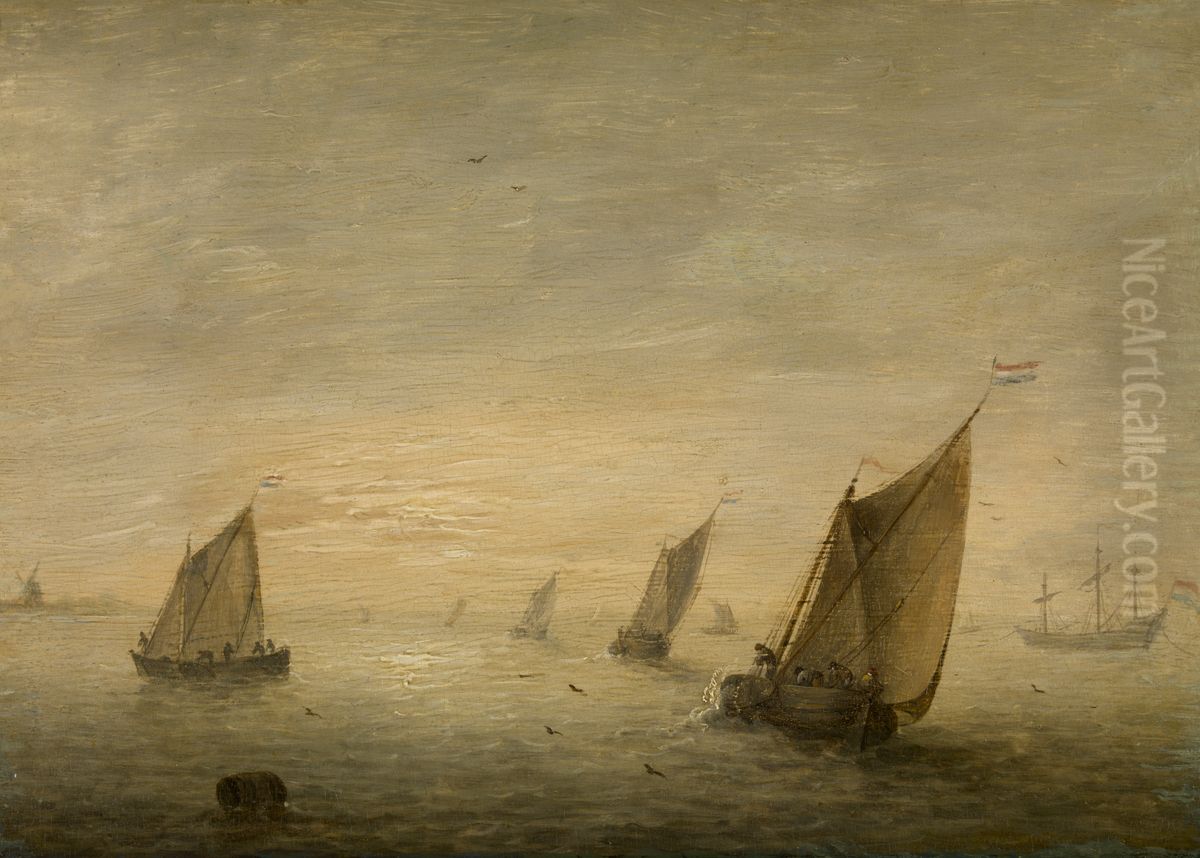 Schepen op kalm water Oil Painting by Simon De Vlieger