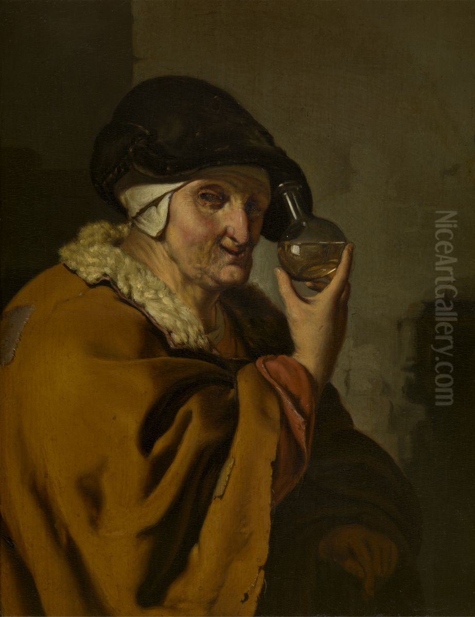An Old Woman with a Bottle Oil Painting by Ary de Vois