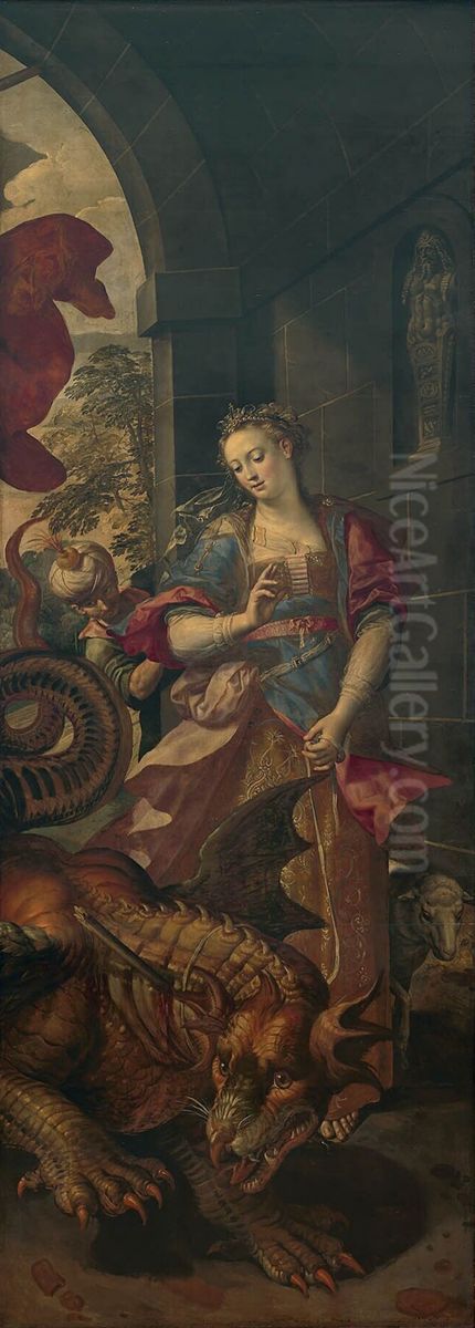 St. George and the princess of Silene return to the city with the vanquished dragon Oil Painting by Maerten De Vos