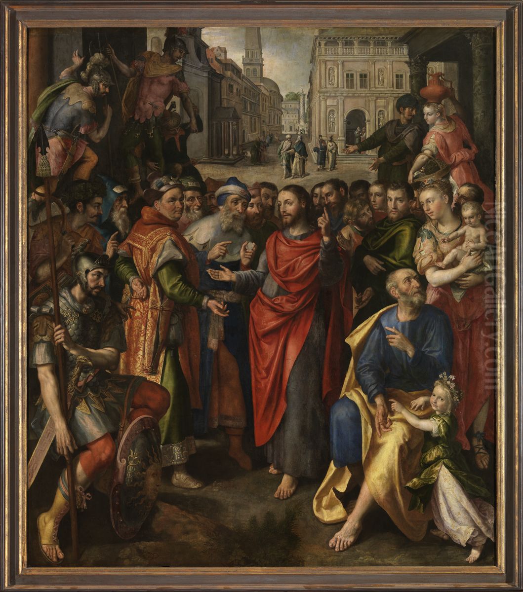 De tolpenning (Matteus 17:24-27; links), de cijnspenning (Lucas 20:21-26; midden), de parabel van de arme weduwe (Marcus 21:41-44; rechts) (Altaar van het muntmakersambacht) Oil Painting by Maerten De Vos