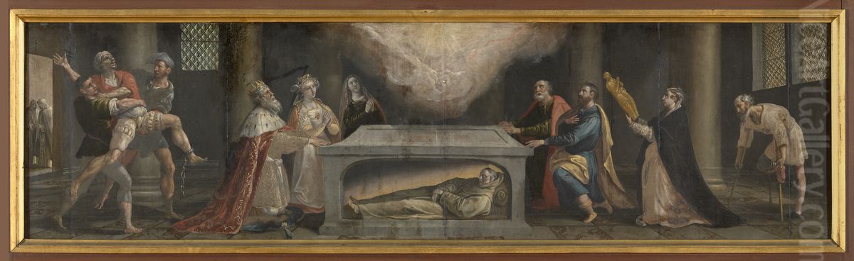 Hendrik IV van Castilie en zijn dochter vinden genezing aan de heilige Didacus' graf Oil Painting by Maerten De Vos