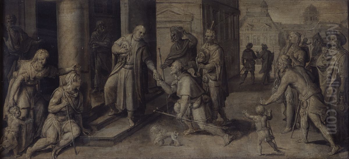 Saint Luke Giving three Pilgrims Alms Oil Painting by Maerten De Vos