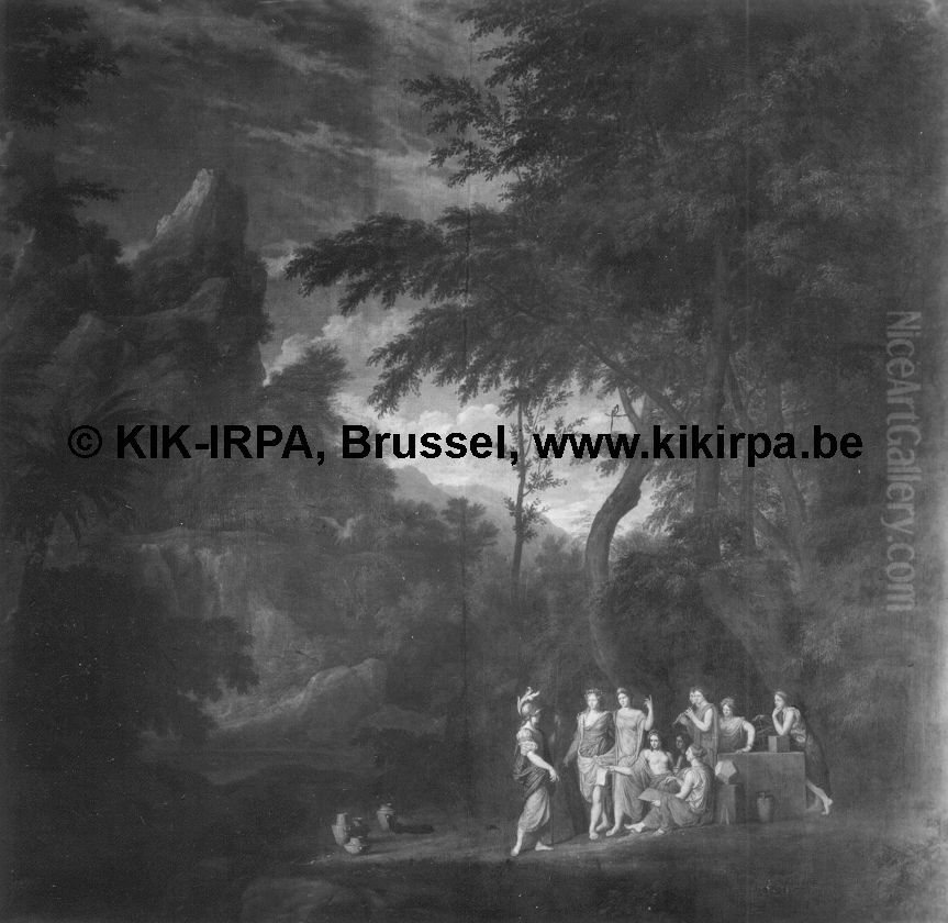 Minerva en de muzen in een landschap Oil Painting by Abraham Genoels