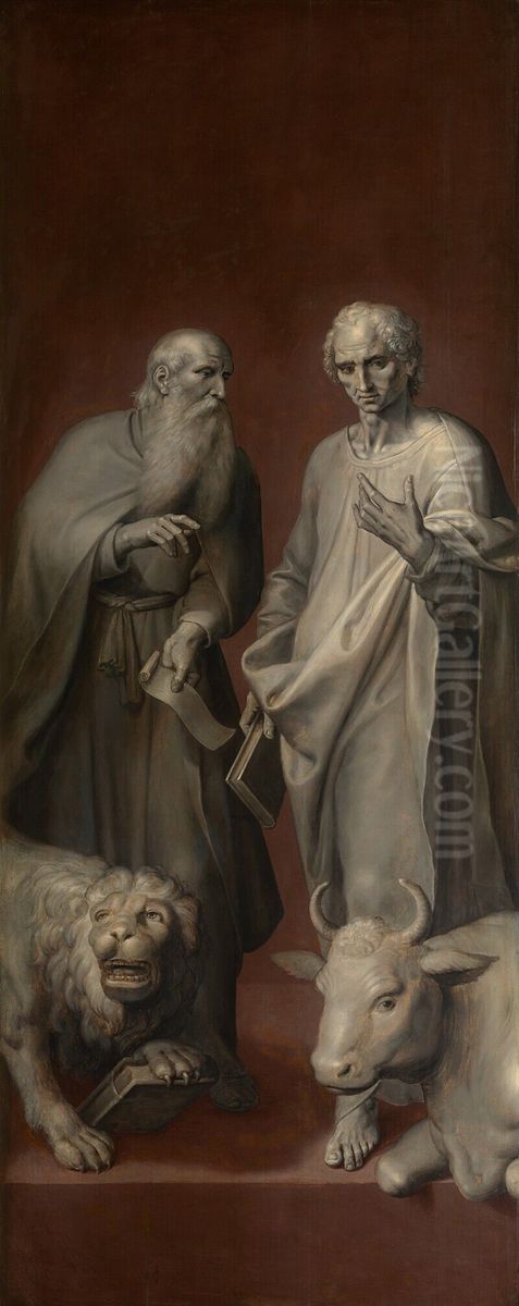 De evangelisten Marcus en Lucas (rechterbuitenluik van het altaar van het Sint-Lucasgilde) Oil Painting by Maarten Pepyn