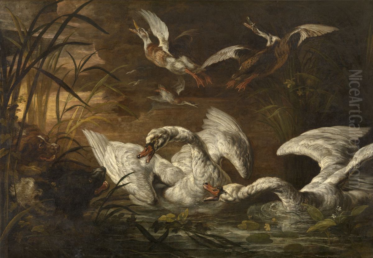 Swans and Dogs Oil Painting by Nicasius Bernaerts