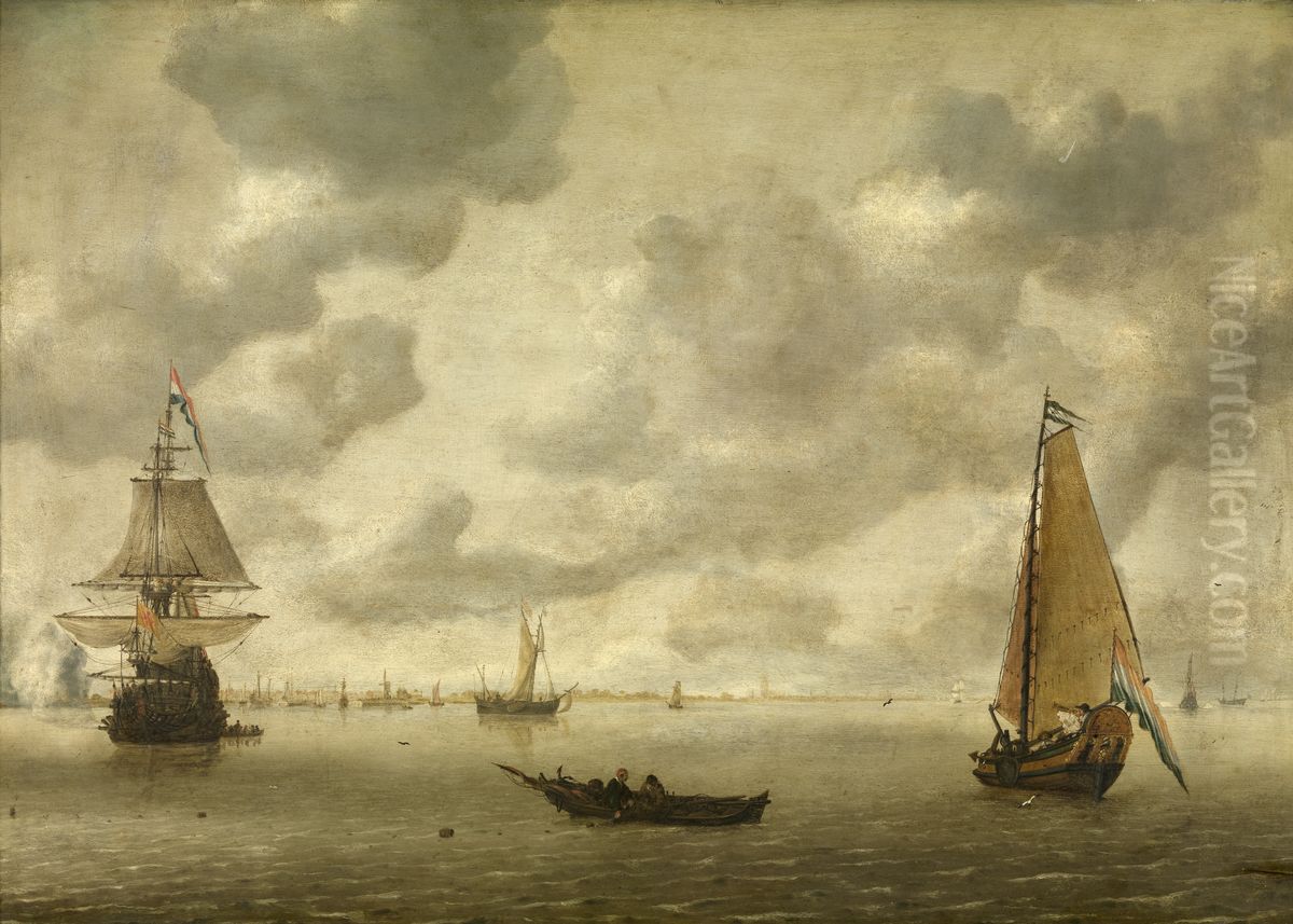 Hollandse driemaster lost saluutschot Oil Painting by Hendrick Van Anthonissen