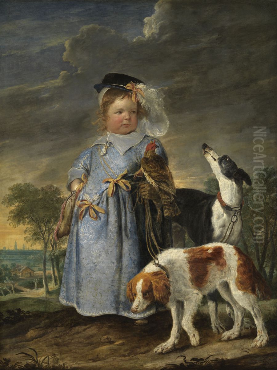 Portrait of a boy with a falcon and two dogs Oil Painting by Erasmus Quellinus II