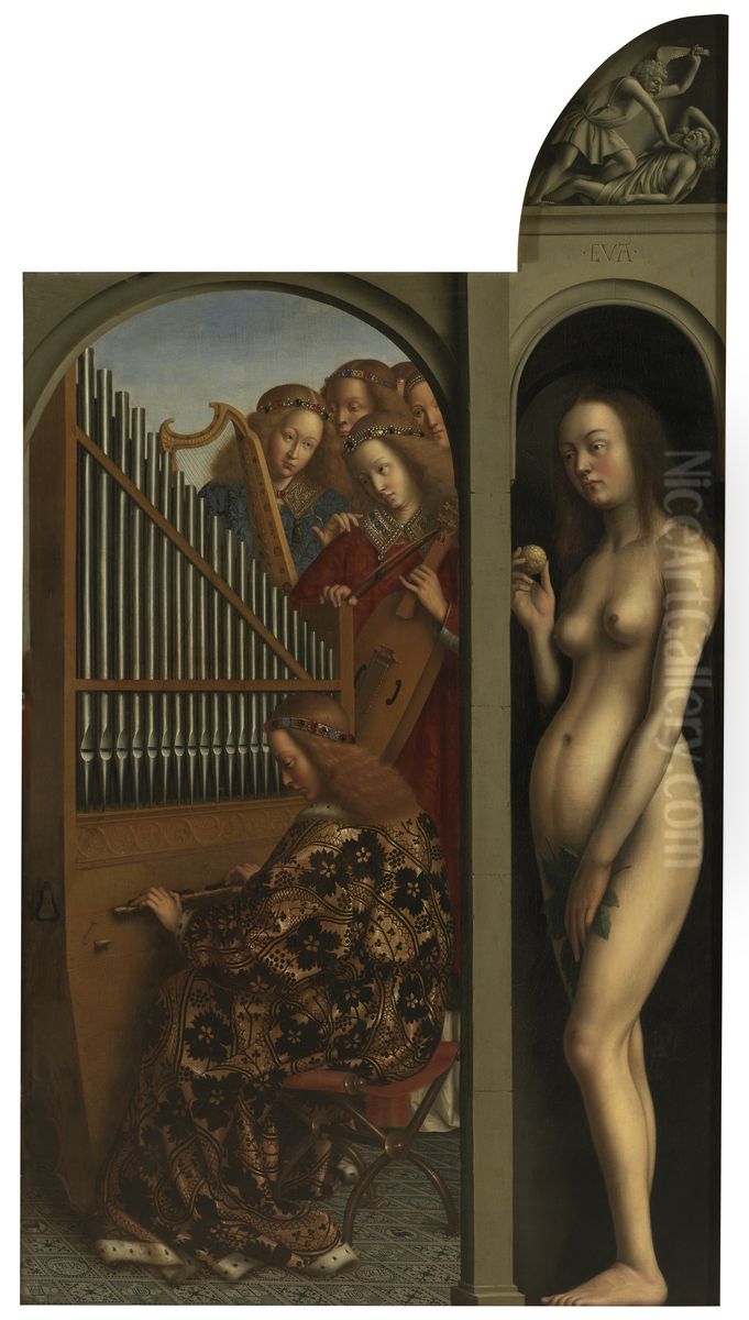 Musicerende engelen en Eva Oil Painting by Jan Van Eyck