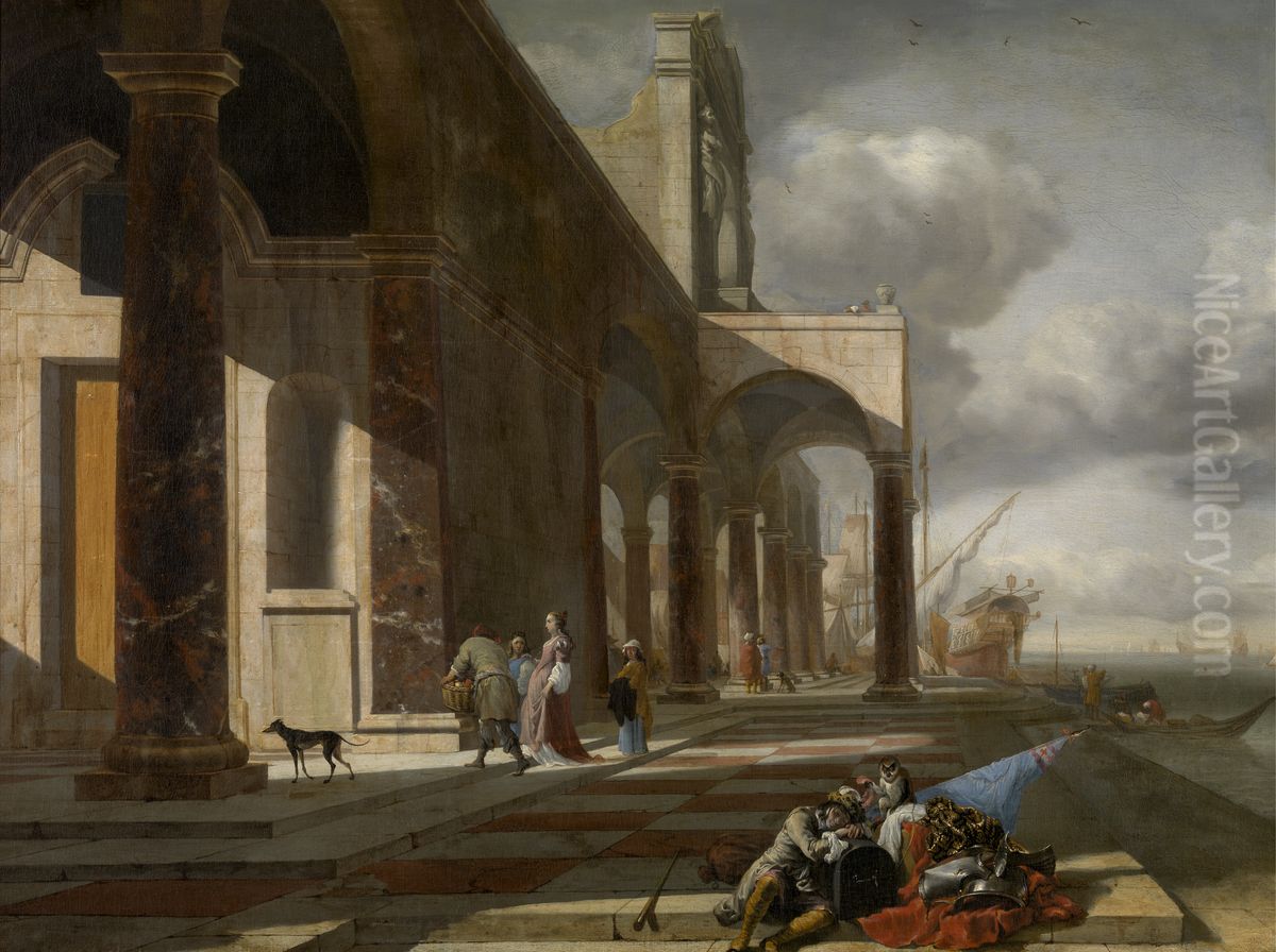 An Italian Seaport Oil Painting by Jan Baptist Weenix