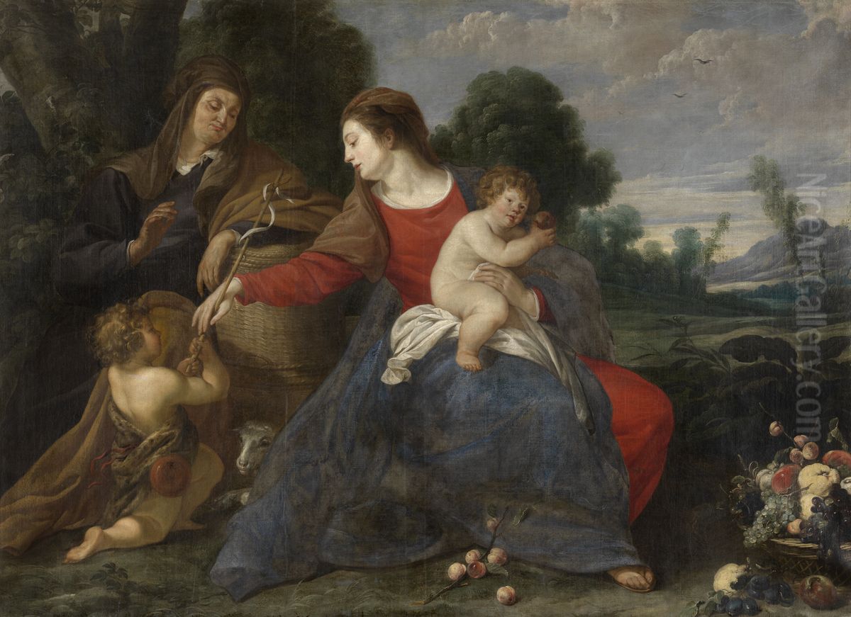 Mary with child, Saint Elizabeth and John the Baptist in a landscape Oil Painting by Theodoor Rombouts