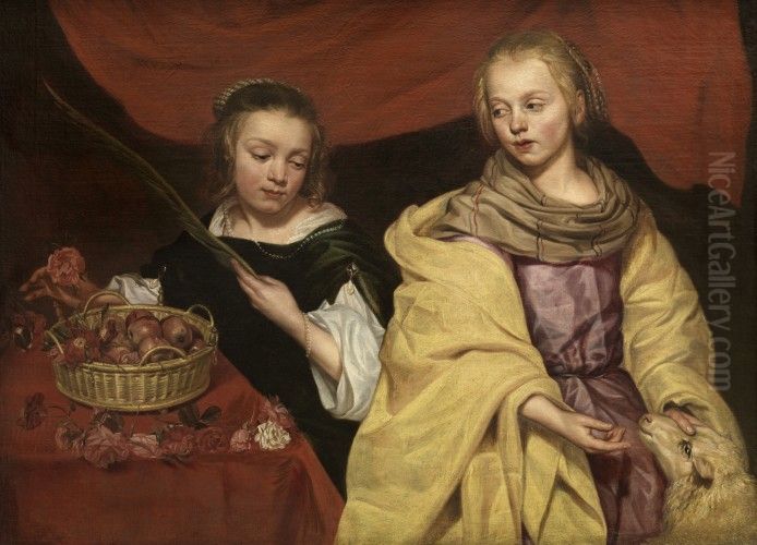 Two girls as Saints Agnes and Dorothea Oil Painting by Michaelina Wautier