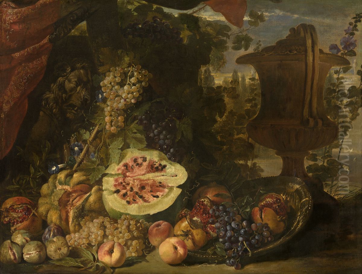 Fruit still life of pumpkin, melon, grapes, peaches and pomegranates; right a garden vase, left a sarcophagus Oil Painting by David de Coninck