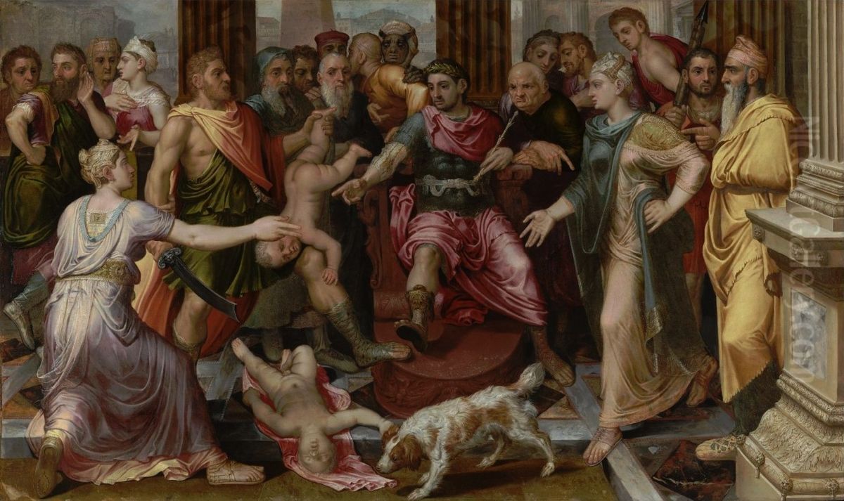Das Salomonische Urteil. Die zwei Mutter streiten sich vor Konig Salomo (1 Kon 3.16-22) Oil Painting by Frans Floris I
