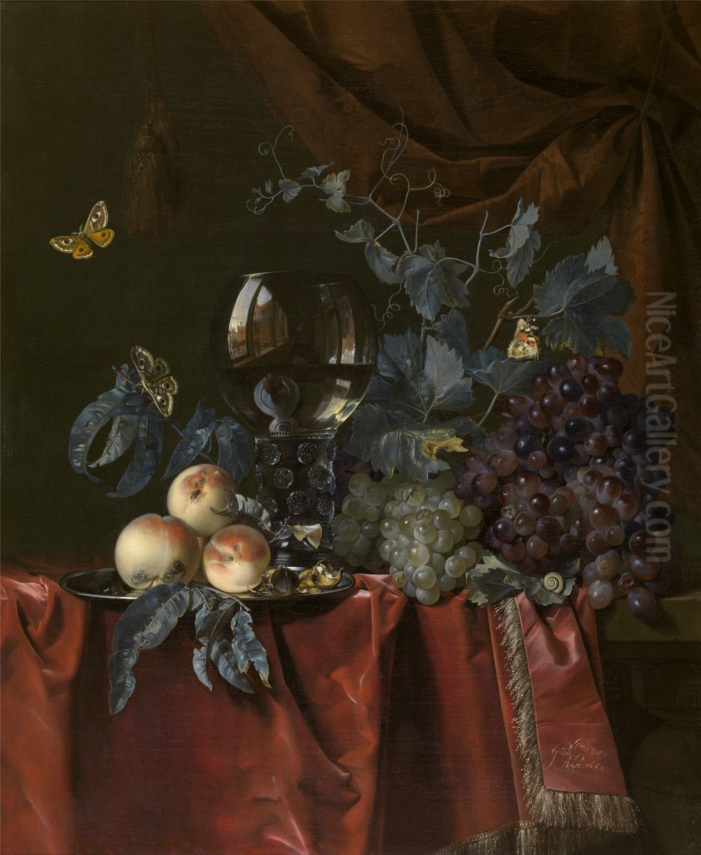 Still life of fruits and a wineglass on a tablecloth Oil Painting by Willem Van Aelst
