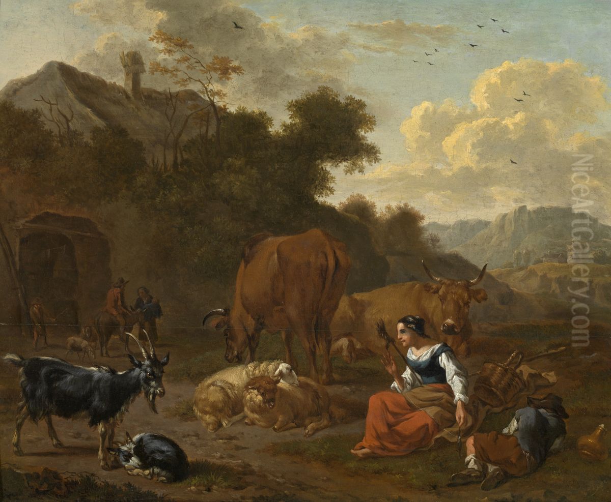 Landscape with a Spinner and Cattle Oil Painting by Dirck van der Bergen