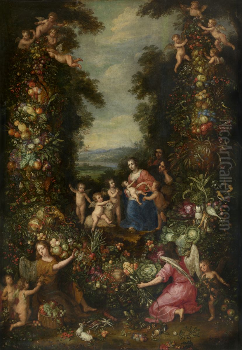 Holy Family in a Garland with Flowers, Vegetables, and Fruit Oil Painting by Pieter Van Avont