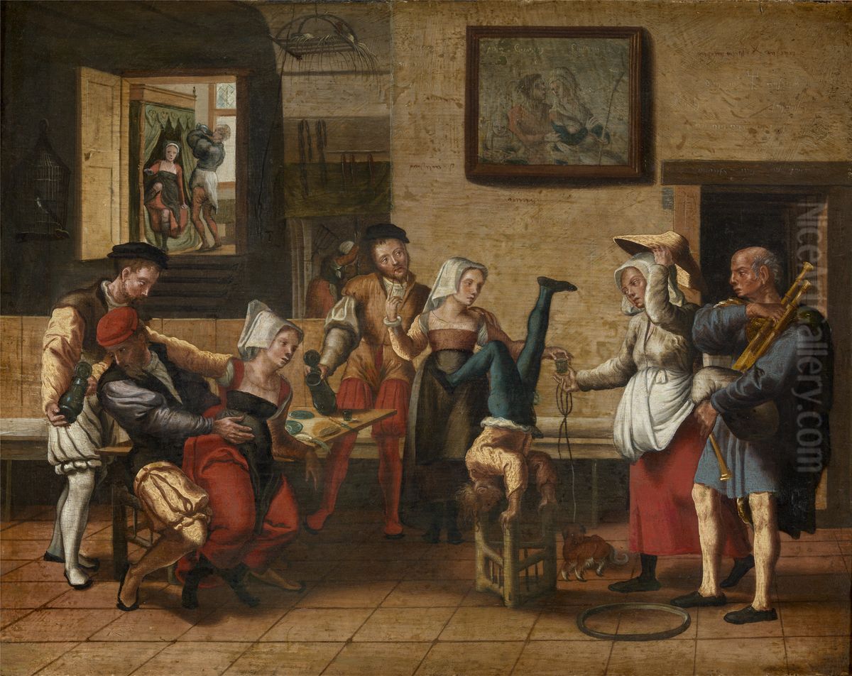 Interior of a tavern with an acrobat and a bagpipe player Oil Painting by Jan van Amstel