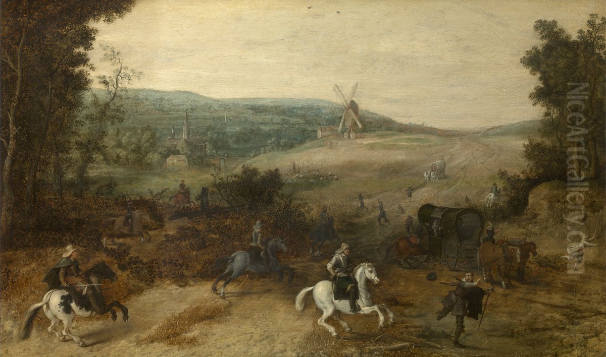 Landscape with Travellers Attacked by Robbers Oil Painting by Sebastiaen Vrancx