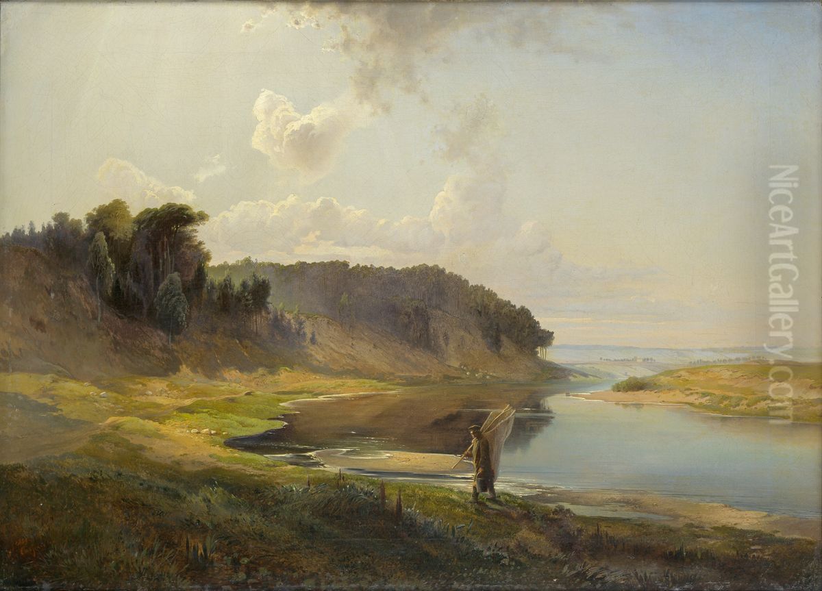 Landscape with a river and angler Oil Painting by Alexei Kondratievich Savrasov