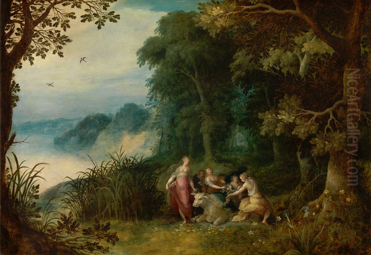 Wooded landscape with Europa and her friends decorating a bull Oil Painting by Frans Francken the Younger