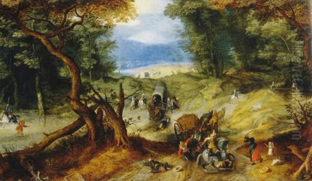 Wooded landscape with a robbery on a forestpath Oil Painting by Jan Brughel