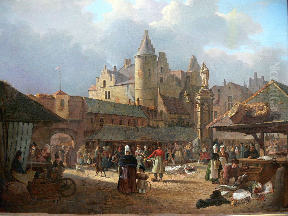 De oude vismarkt in Antwerpen Oil Painting by Francois Bossuet