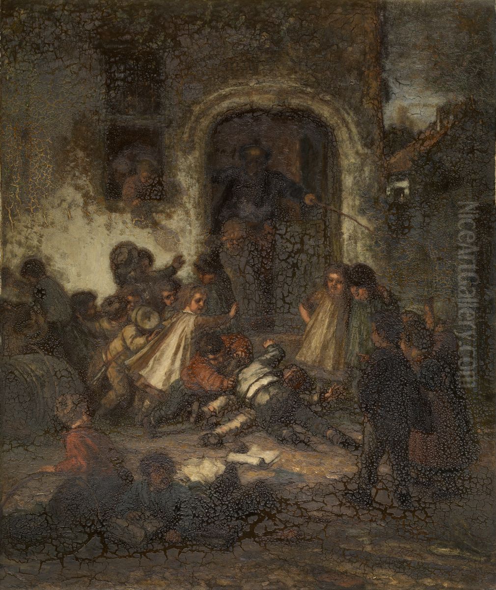 De school is uit! Oil Painting by Eugene De Block