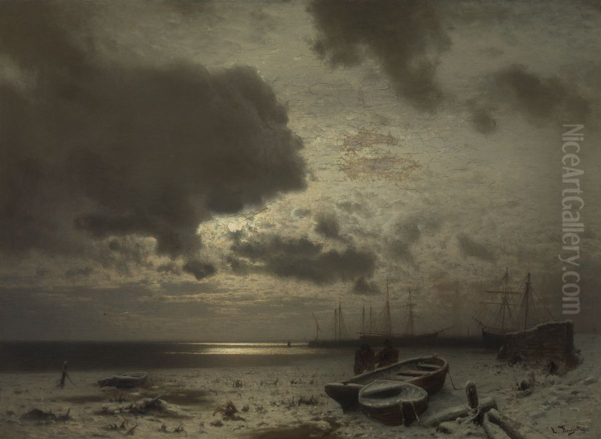 Moonlight in Winter Oil Painting by Louis, Carl Ludwig Douzette