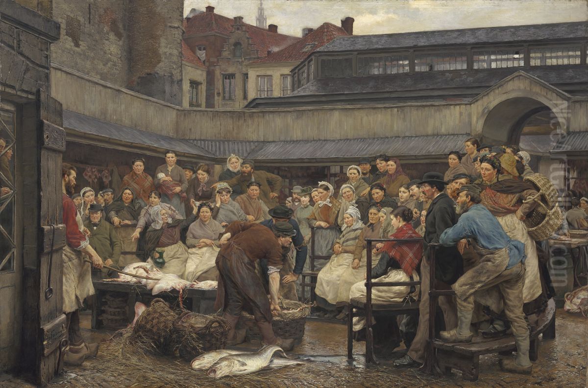 The Old Fish Market in Antwerp in 1882 Oil Painting by Edgard Farasyn