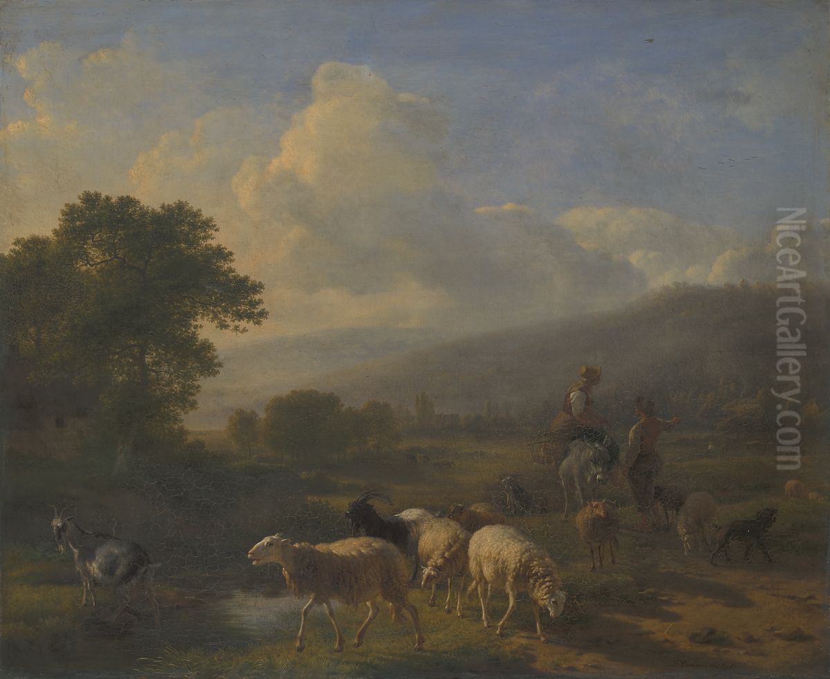 Herders met schapen in een bergachtig landschap Oil Painting by Balthasar-Paul Ommeganck