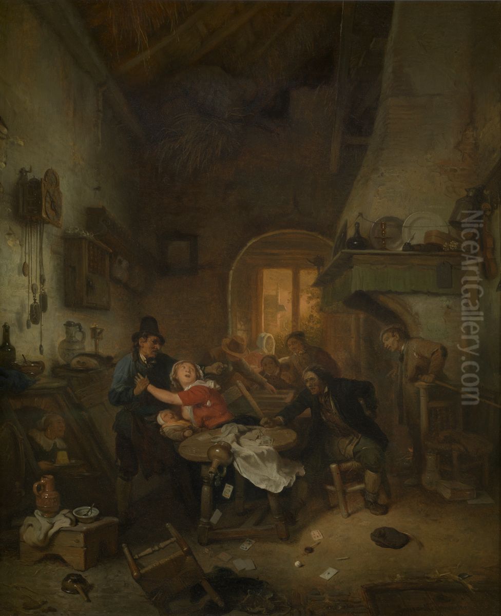 Cardplayers Quarreling Oil Painting by Ignatius Josephus van Regemorter