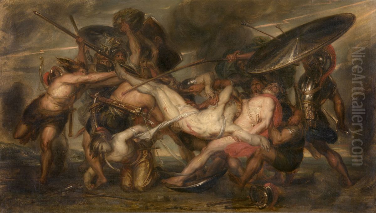 The Greeks and the Trojans Fighting over the Body of Patroclus Oil Painting by Antoine Wiertz