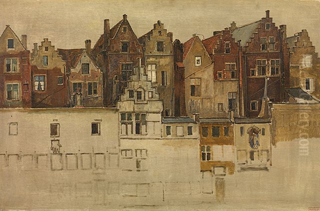 Houses on the Handschoenmarkt Oil Painting by Jan August Hendrik Leys