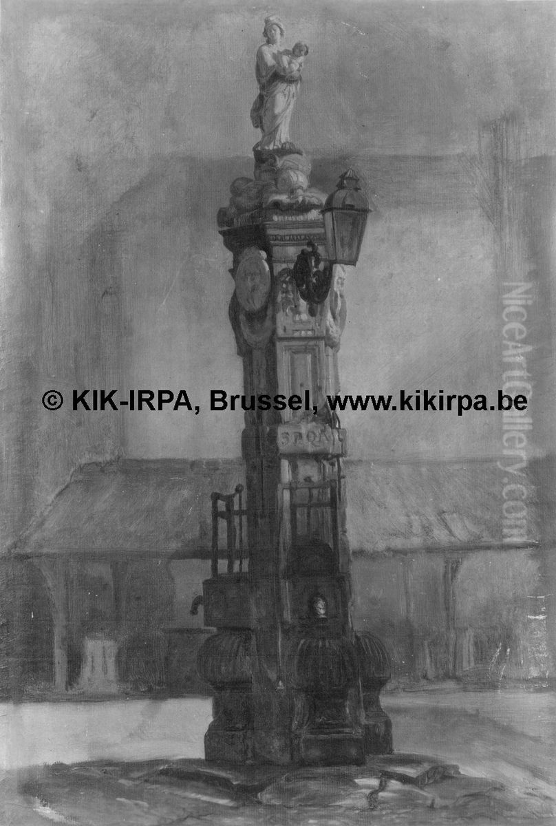Public Water Pump on the Old Fish Market in Antwerp Oil Painting by Josephus Laurentius Dyckmans